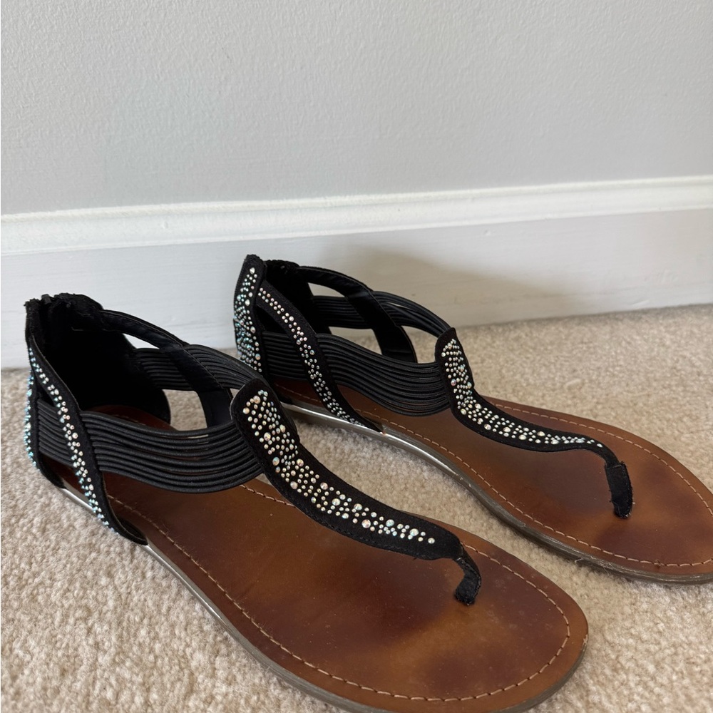 Black Embellished T-Strap Sandals